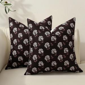 Set of 2 Cotton Linen Floral Throw Pillow Covers, Block Print Pastoral Decorative Cushion Covers 18x18 Inch, Farmhouse Home Decor Accent Vintage Pillow Covers for Sofa Bed Living Room, Dark Brown