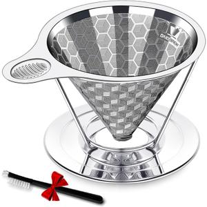 Dailybrew Triple Layer Pour Over Coffee Filter Durable Pour Over Coffee Dripper Easy Clean Metal Cone Filter Paperless Stainless Steel Pour Over Coffee Maker With Holder 2 Cup (HOLDER)