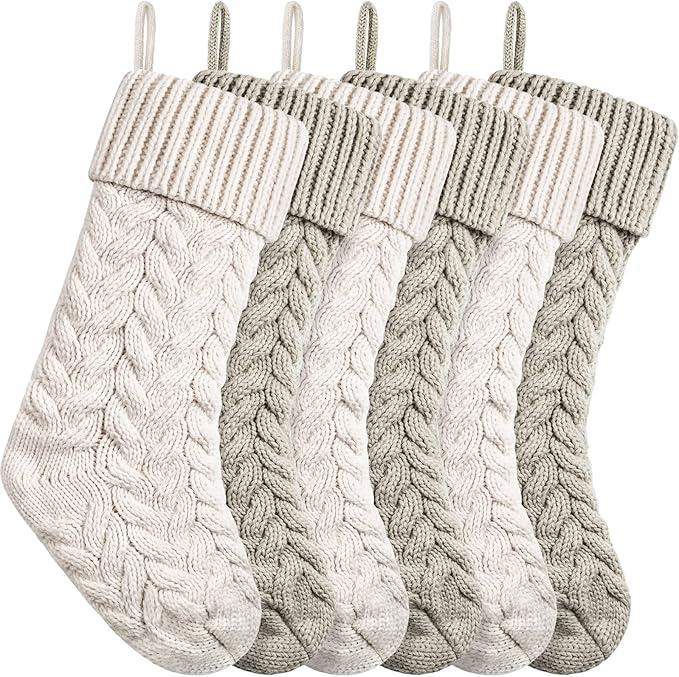Christmas Stockings Knit Xmas Stockings Large Fireplace Hanging Stockings for Family Christmas Decoration (Ivory,Khaki, L, 6pcs)