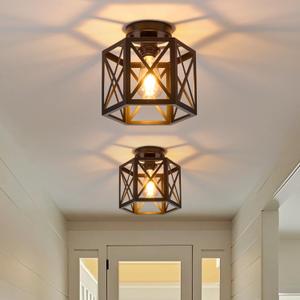 XSDeTu 2 Pack Farmhouse Semi Flush Mount Ceiling Light, Industrial Black Hallway Light Fixture, Small Metal Cage Close to Ceiling Lights for Kitchen Sink Porch Bedroom