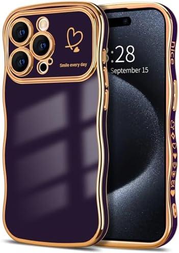 Hython for iPhone 15 Pro Max Case Wave Wavy Phone Cases with Love Heart, Luxury Plating Edge Cute Curly Shape Cover for Women Girls, Thin Slim Soft TPU Rubber Shockproof Protective Cover, Dark Purple, Set Of 6