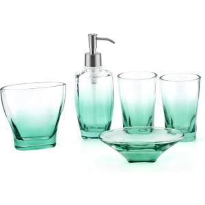 Bathroom Accessory Set Green Teal, Lead-Free Glass 5-Piece Bath Ensemble Gift Includes Soap Dispenser,Toothbrush Holder, Tumbler, Soap Dish for Home, Office, Superior Hotel