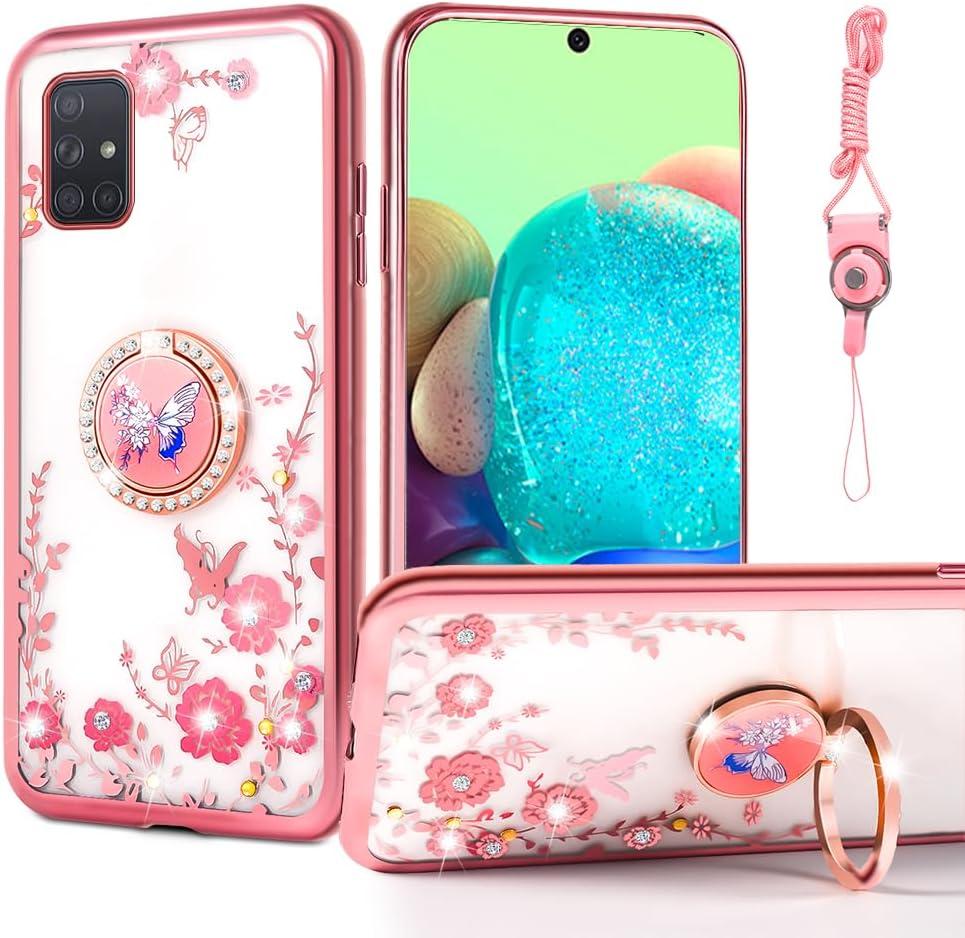 Phone Case with Ring Stand Strap Lanyard Cute Girls Women Soft Silicone Shockproof Protection Cover - Rose Butterfly ﻿