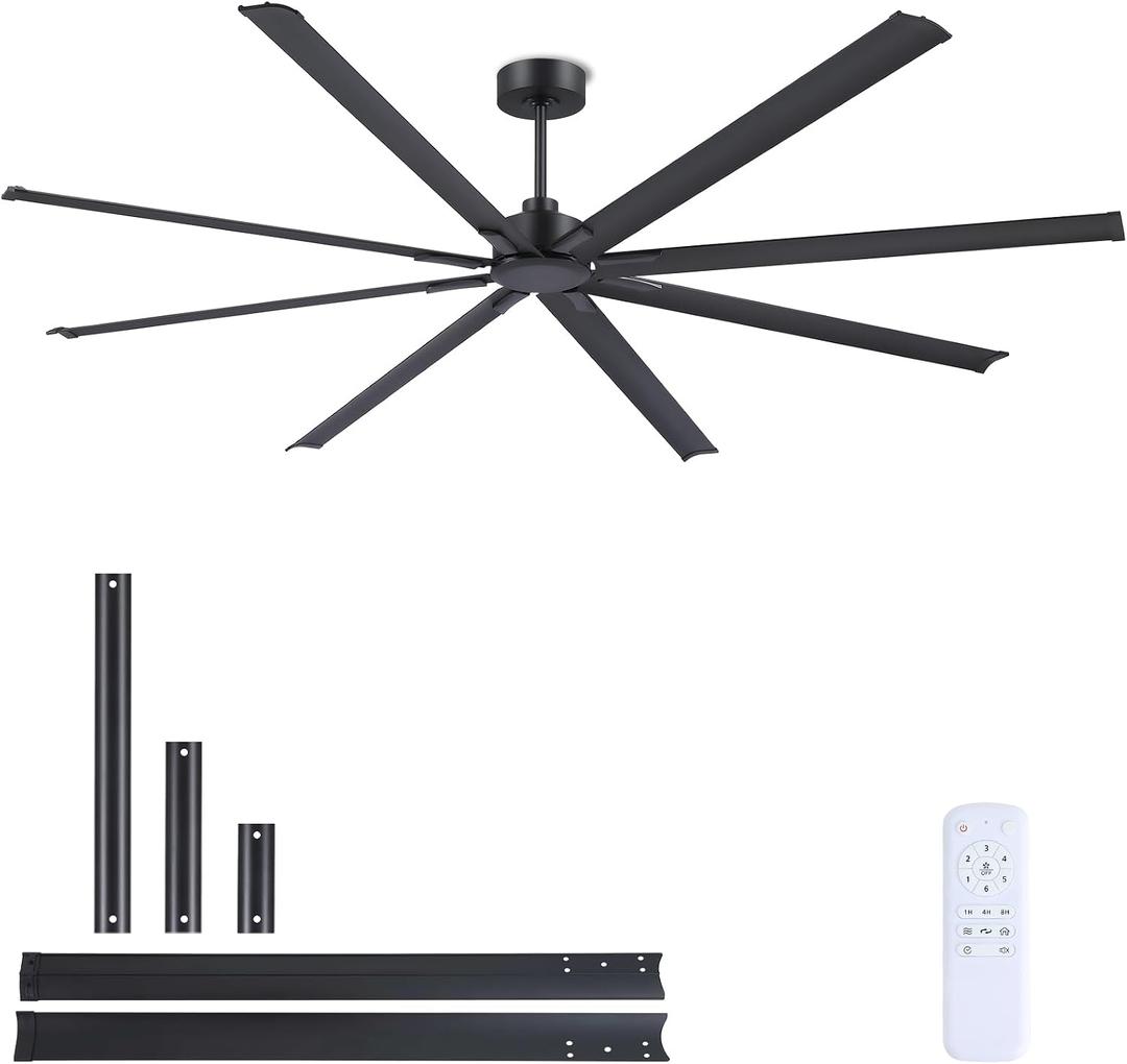 JSAITEE 96Inch Industrial Ceiling Fan, Reversible Quiet DC Motor, 8 Blades, 3 Downrods, 6 Speed Remote Control, Large No-Light Ceiling Fan for Residential & Commercial Spaces, Porch Garage Shop, Black