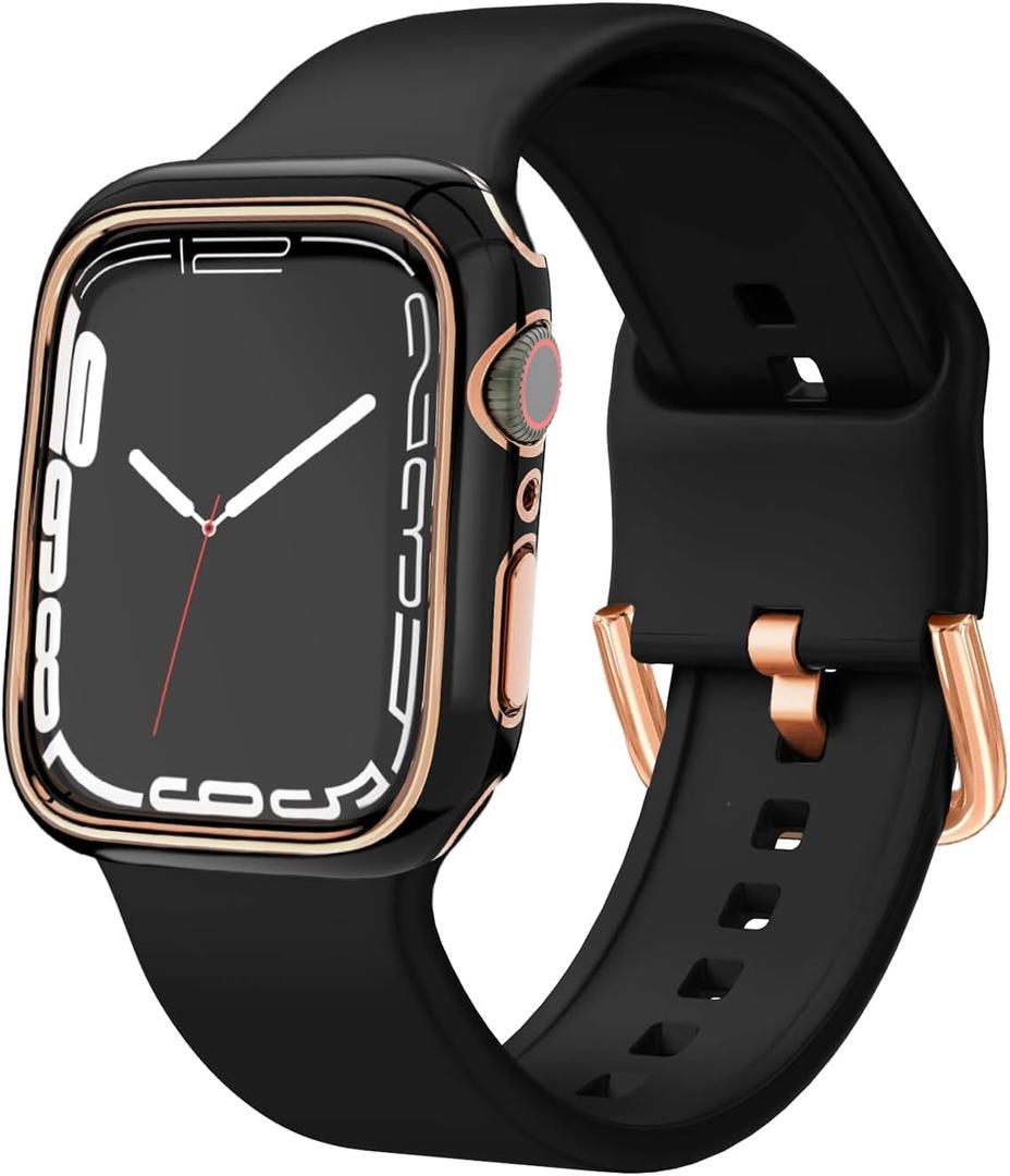 Sport Band and Bumper Case Compatible with Apple Watch 40mm 38mm 41mm 42mm 44mm 45mm 46mm Women, Soft Silicone Straps and Rose Gold Edge Protector Frame for iWatch Series 10 9 8 7 6 5 4 3 2 1 SE (Black)