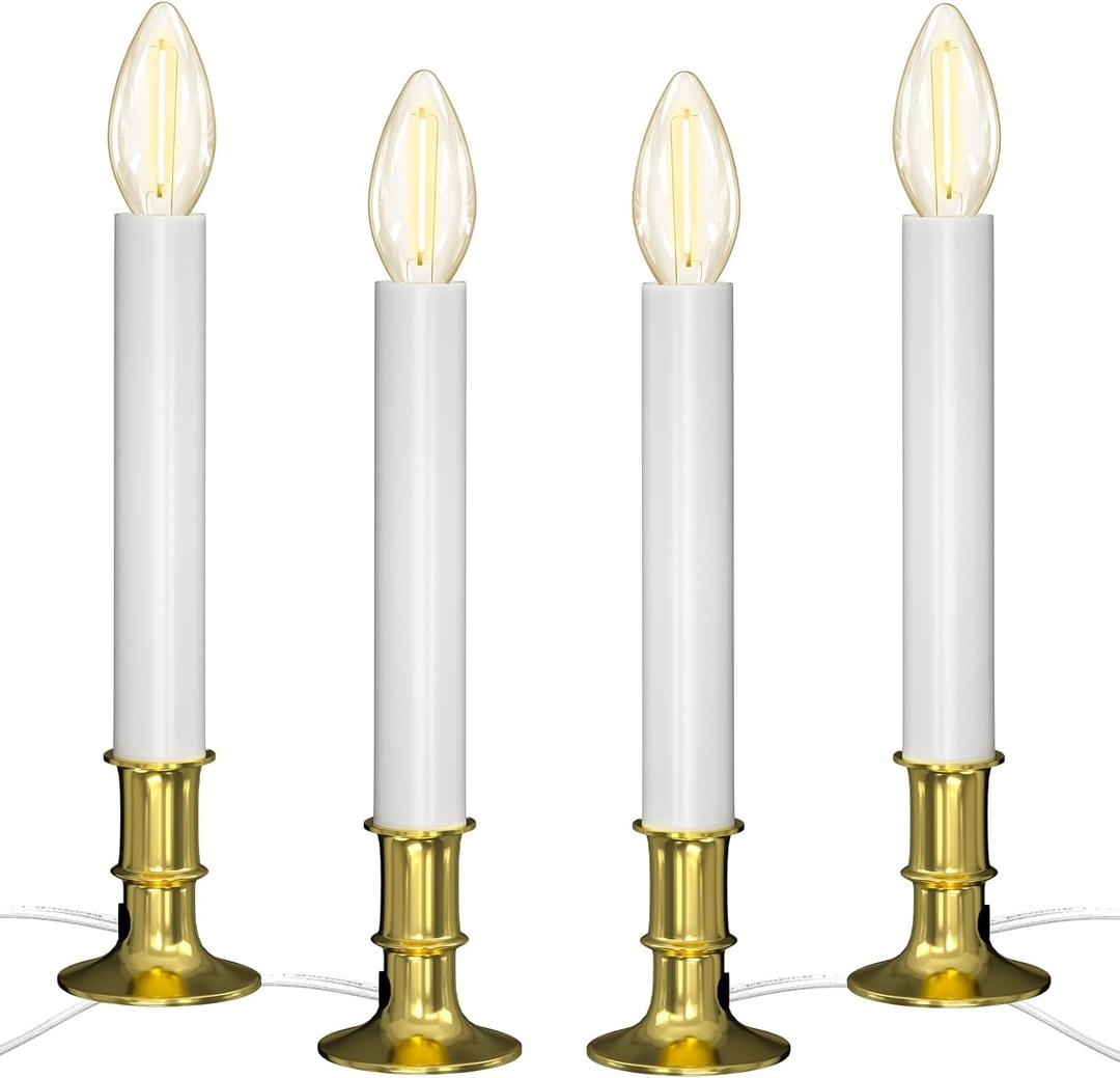 SUNSGNE Christmas Electric Window Candle Lights with Auto Sensor, Dusk to Dawn Candle Lamps with Gold Plated Base, 9'' Plug in Candle Lights with 0.6W LED E12 Bulbs for Window Table Decor, 4 Pack