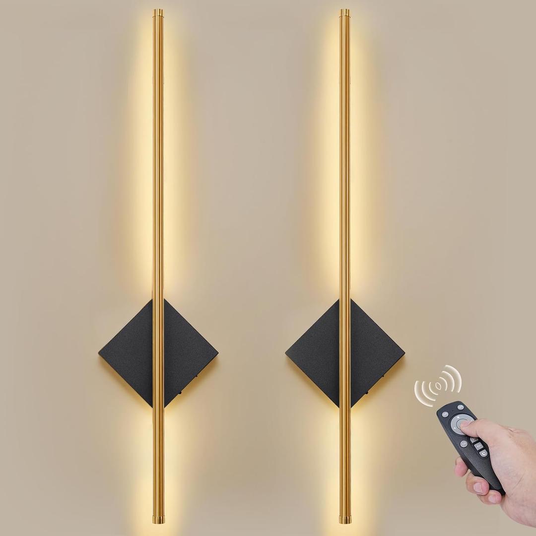 Battery Operated Wall Sconces Set of Two - Wireless Rechargeable Wall Light with Remote - Gold and Black Wall Lamp Dimmable Modern Home Decor for Bedroom Living Room Hallway Timing 31.5 Inch