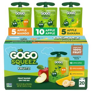 GoGo squeeZ Applesauce and Fruit Puree Variety Pack, Apple, Mango & Banana, 3.2 oz (Pack of 20), Unsweetened Fruit Snacks for Kids, Gluten Free, Nut Free, BPA Free Pouches (Packaging May Vary)