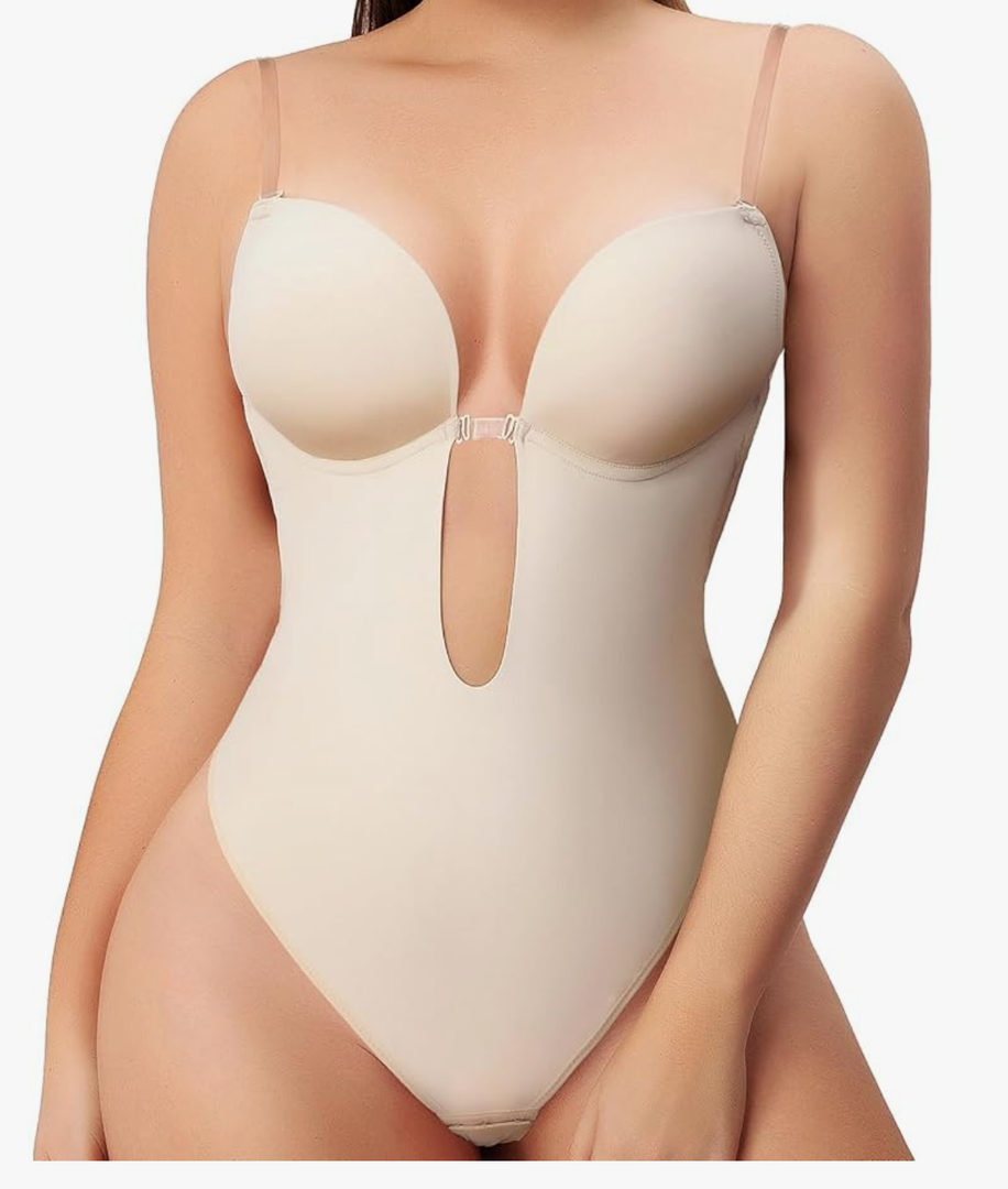 Thong Shapewear for Women Tummy Control Adjustable Seamless Invisible Bra Slim Body Shaper Bodyuit Built-in Support Zone One-Piece Garment, Size Large