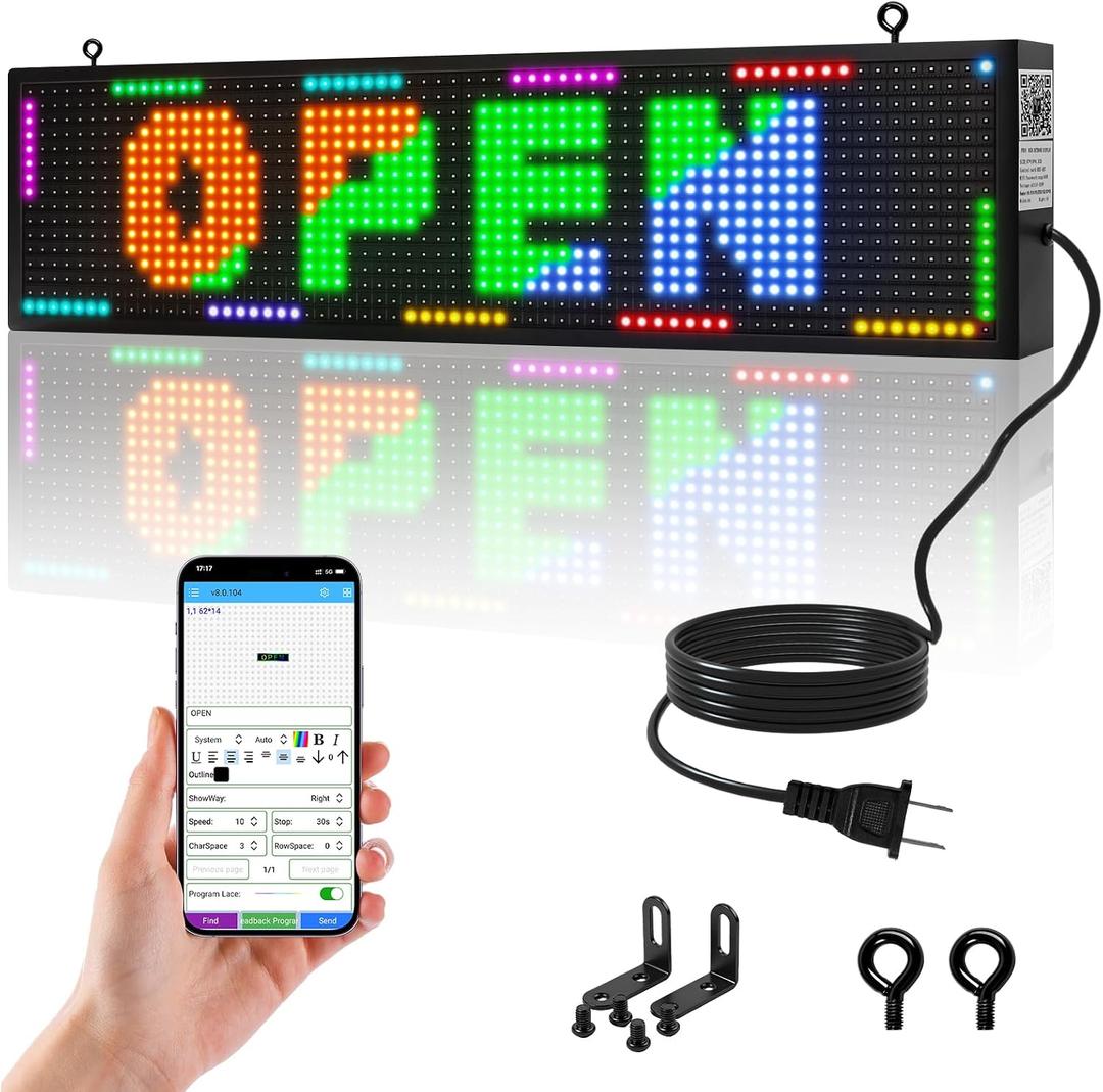 Programmable Scrolling LED Sign, 26"x8", P10 Digital Open Sign,WIFI Control, Waterproof IP65, RGB LED Display Message Board for Commercial & Business Advertising
