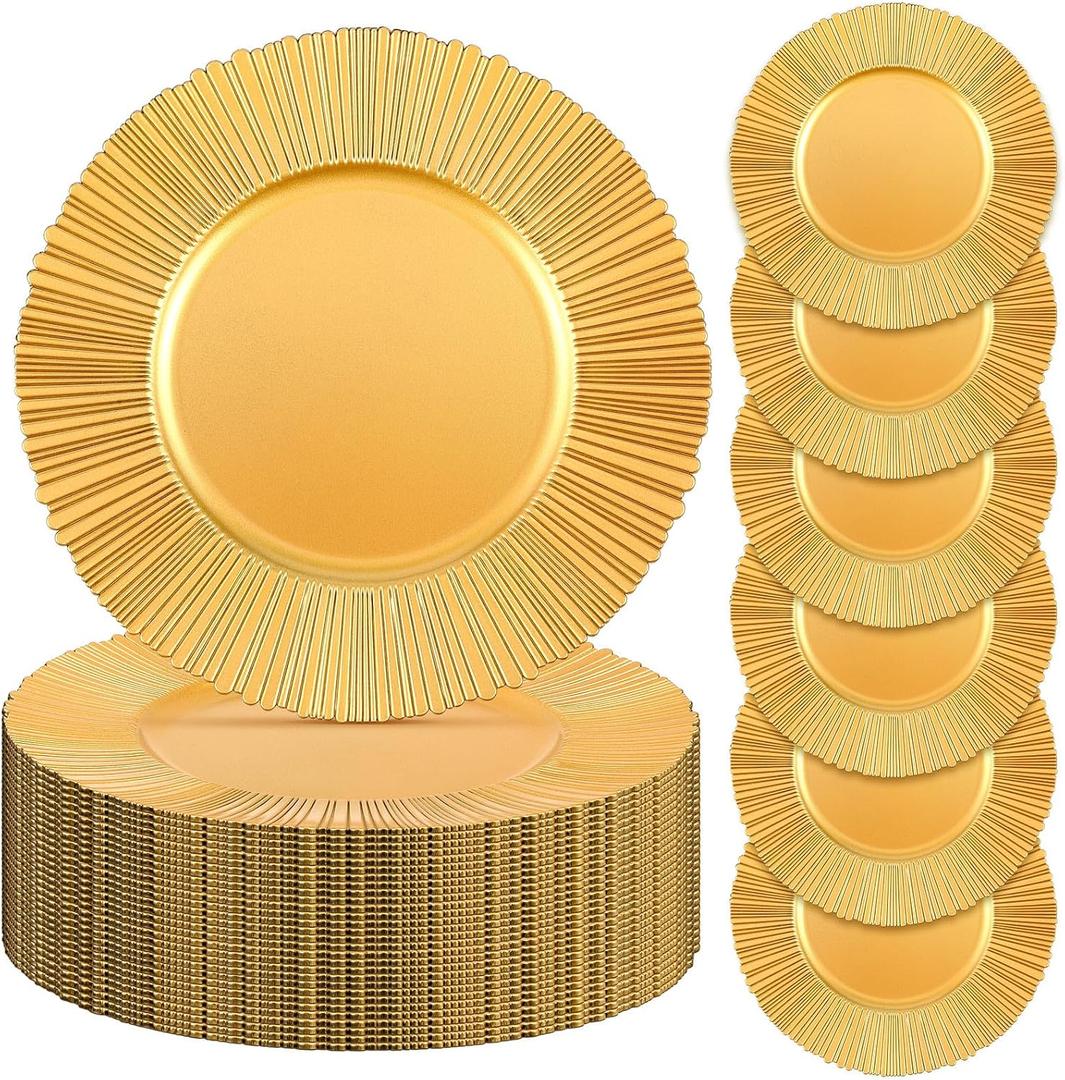 Yaomiao 50 Pcs 13 Inch Gold Charger Plates Bulk Plastic Plates Chargers Round Dinner Chargers for Wedding Party Table Setting Bridal Shower Event Decor (Gold), 33 x 33 cm