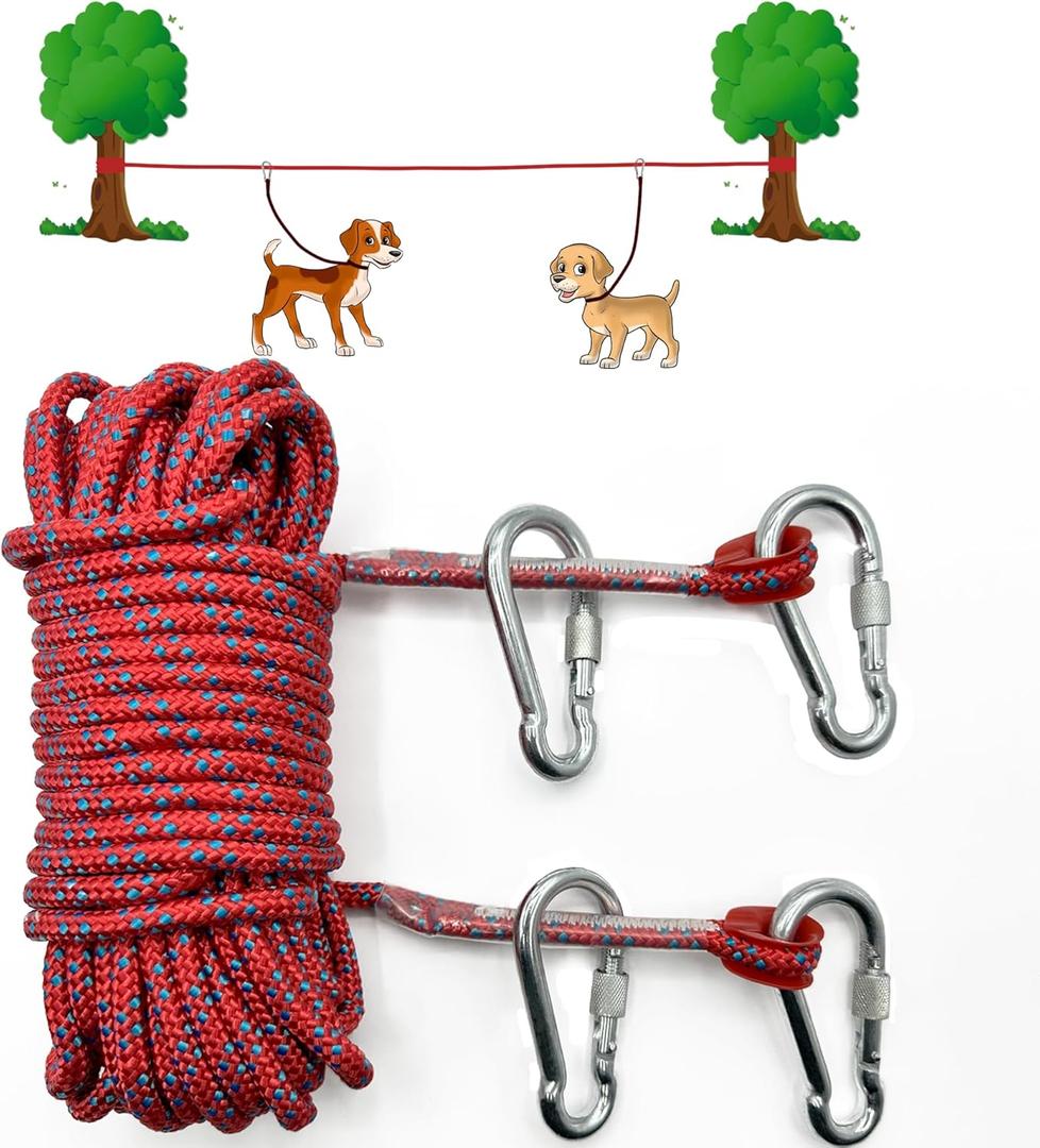 Dog Tie Out Cable for Camping, 50ft Portable Dog Trolley System for Small Medium Large Dogs up to 250lbs, Dog Lead for 2 Dogs, Dog Runner for Yard Camping Training Running Hiking Outdoor (Red)
