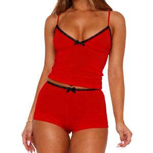 RUEWEY Women 2 Pieces Pajamas Set Bow Loungewear V-Neck Sleeveless Cami Tops and Shorts Sleepwear Outfits (Small, Red)