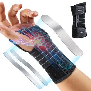 Rakiie Carpal Tunnel Wrist Brace, Adjustable Night Wrist Support with 3 Metal Splints, Hand Brace for Men Women No Pressure on Thumb, Splint Stabilizer for Work, Gray Left Hand, Size L(8.27-9.84")