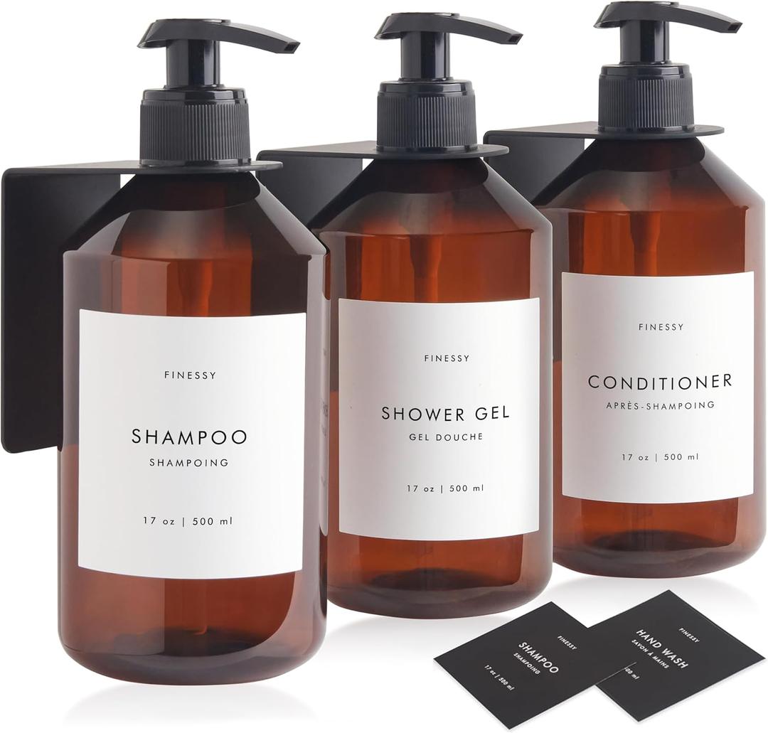 FINESSY Refillable Shampoo and Conditioner Dispenser Wall Bottles with Pump, Bathroom Body Wash Soap and Shampoo Dispenser for Shower Wall 3 Chamber No Drill, Shower Bottles Refillable with Labels