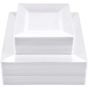 SETUP 100-Piece White Square Plastic Dinnerware Set 50 9.5" Dinner & 50 6.5" Salad Plates Heavy-Duty Disposable for Weddings, Catering, Parties, 100 Count