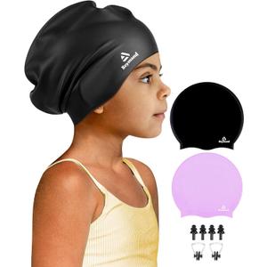 2 Pack Kids Extra Large Swim Cap for Long Thick Hair, Waterproof Silicone Swimming Cap for Toddler Child Youth Girls Boys, Durable Swim Hats Bathing Caps for Braids, Dreadlocks, Extensions, Afros (Black+Purple)