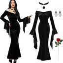 Halloween Costumes Morticia Addams Vintage Gothic Black Long Dress Outfit Women Red Roses Flowers Necklace Earrings (Large)