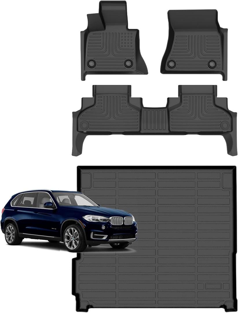 for BMW X5 Floor Mats 2014 2015 2016 2017 2018 & for BMW X5 PHEV 2016-2018, TPE Automotive All Weather Custom Car Floor Mats Cargo Liner Full Set Accessories