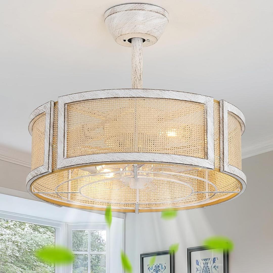 20" Boho Ceiling Fans with Lights, Rattan Fandelier Ceiling Fan with Light Remote Control with Caged 6 Speeds for Bedroom, Nursery, Living Room