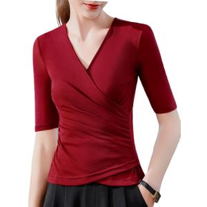 METWEY Wrap Tops for Women Summer Mesh Ruched Top Trendy 2026 Date Outfits V Neck Business Casual Work T Shirts Blouse (Medium, Wine)