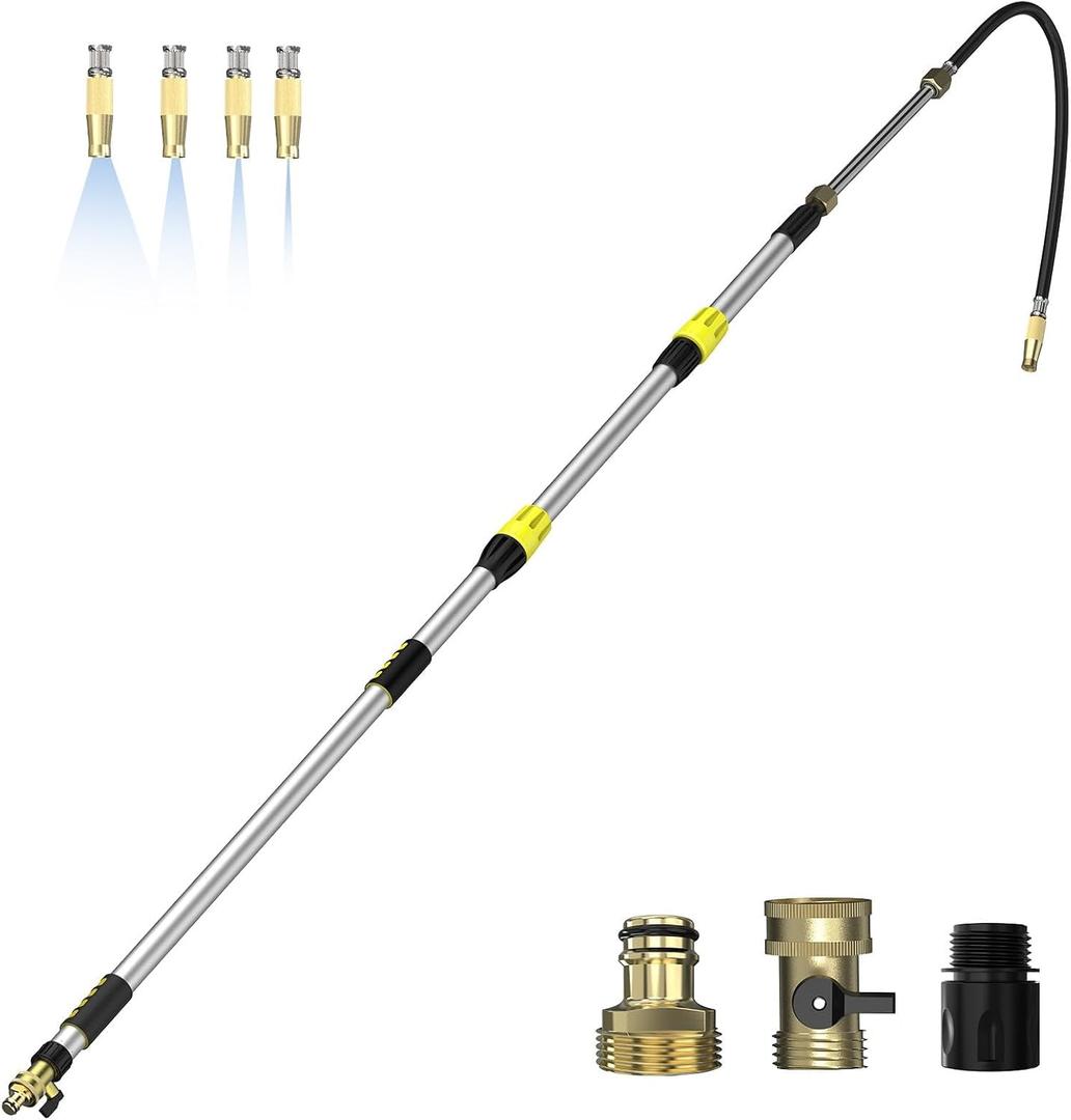 Buyplus 24FT Reach Telescoping Gutter Cleaning Tools 4-16FT Rain Gutter Cleaner Tools From Ground with 3/4" Brass Garden Hose Shut Off Valve, Bendable Flexible Water Wand for Garden Hose, Window