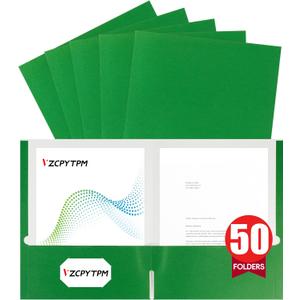 VZCPYTPM 50 Pack Green Folders with Pockets,2 Pocket File Folders for Letter Size (8.5 x 11 Inch),Professional Design with Business Card Slot for Office and School Organization