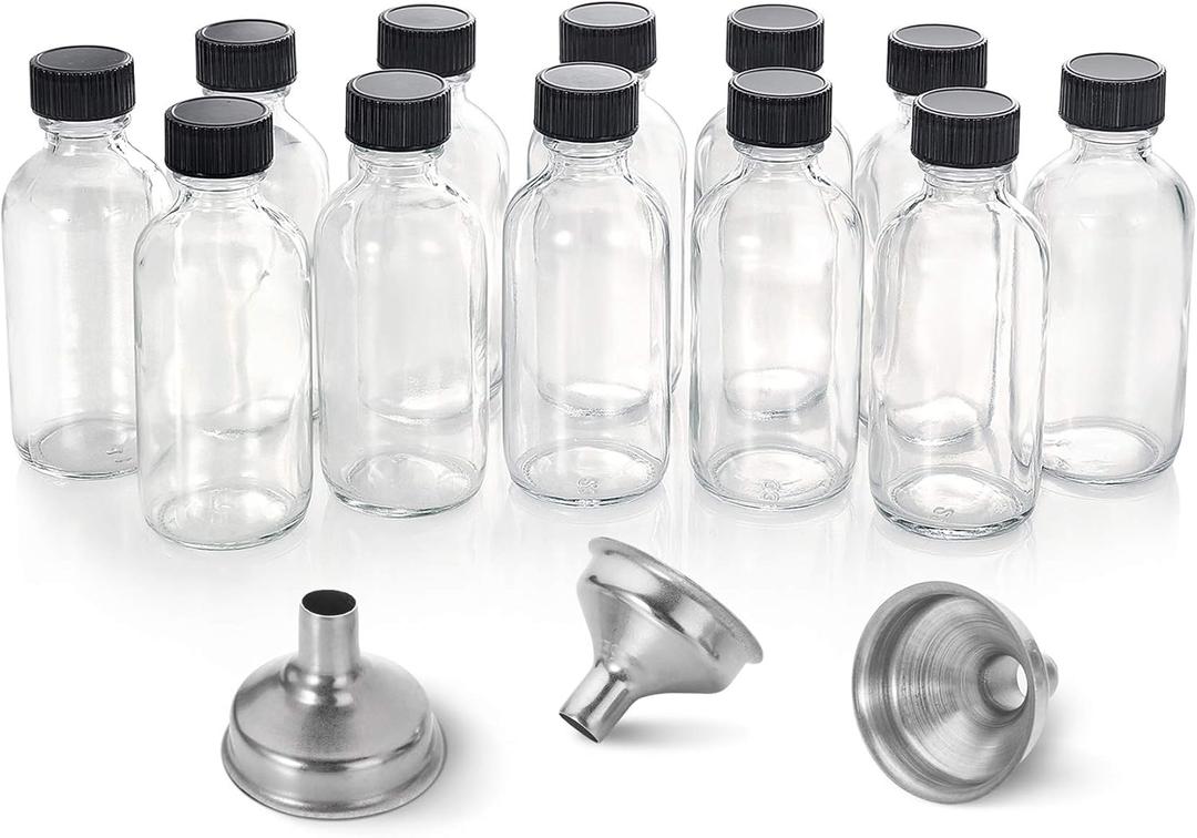 AOZITA 12 Pack, 2 oz Small Clear Glass Bottles w/Lid & 3 Funnels - 60ml Boston Shot Bottles for Health, Immunity, Potion, Wellness, Sample, Ginger, Juice - Mini Personal Care & Beauty Travel Bottle