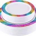 supernal 60pcs Gold Plastic Plates,Disposable Lace Plates,Rainbow Plastic Plates,Tie-dye Plates,Birthday Party Plates Include 30 Dinner Plates,30 Salad Plates,Perfect for Birthday,Party,Wedding
