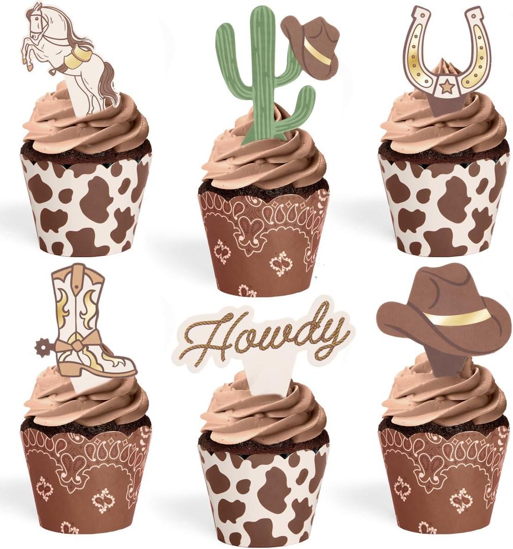 xo, Fetti Western Cupcake Liners + Toppers - Set of 24 | Rodeo Birthday Cake Decoration, Hoedown Bachelorette Food Accessory, Kids Party Supplies