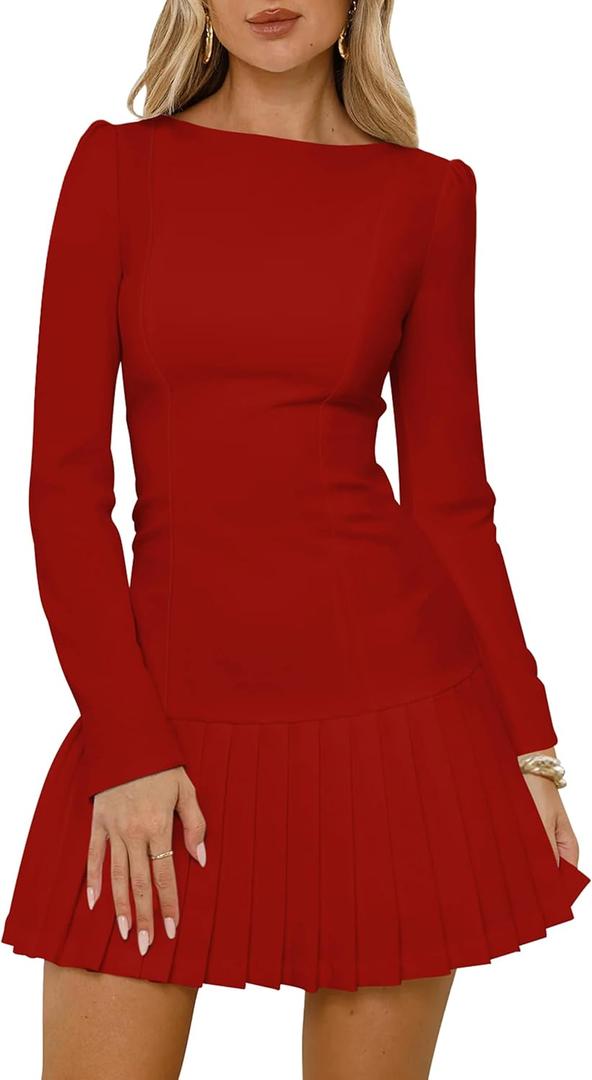 Women's Long Sleeve Mini Dress Sexy Boat Neck Pleated A-line Party Dresses (Red, L)