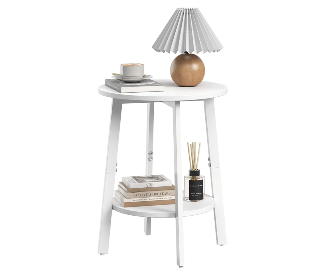 sthmec Side Table, Small Round End Table with Storage Shelf for Small Space, 2-Tier Bedside Table Sofa Couch Table, Round Accent Table Nighstands for Living Room, Bedroom, White