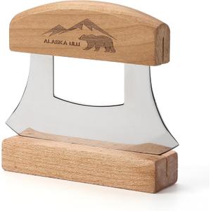 5inch Alaskan Mezzaluna Ulu Knife, Salad Veggies Rocker Chopper Slicer Cutter Hashing Chopping Mincing Cleaver with Wooden Stand Arthritic Tool