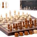 Chess Set 15'' Chess Board Wooden Magnetic Folding Chess Board Set for Adults & Kids Checkers Game for Kids Portable Travel Chess Game for Beginner 2 Extra Queens (Walnut Color)