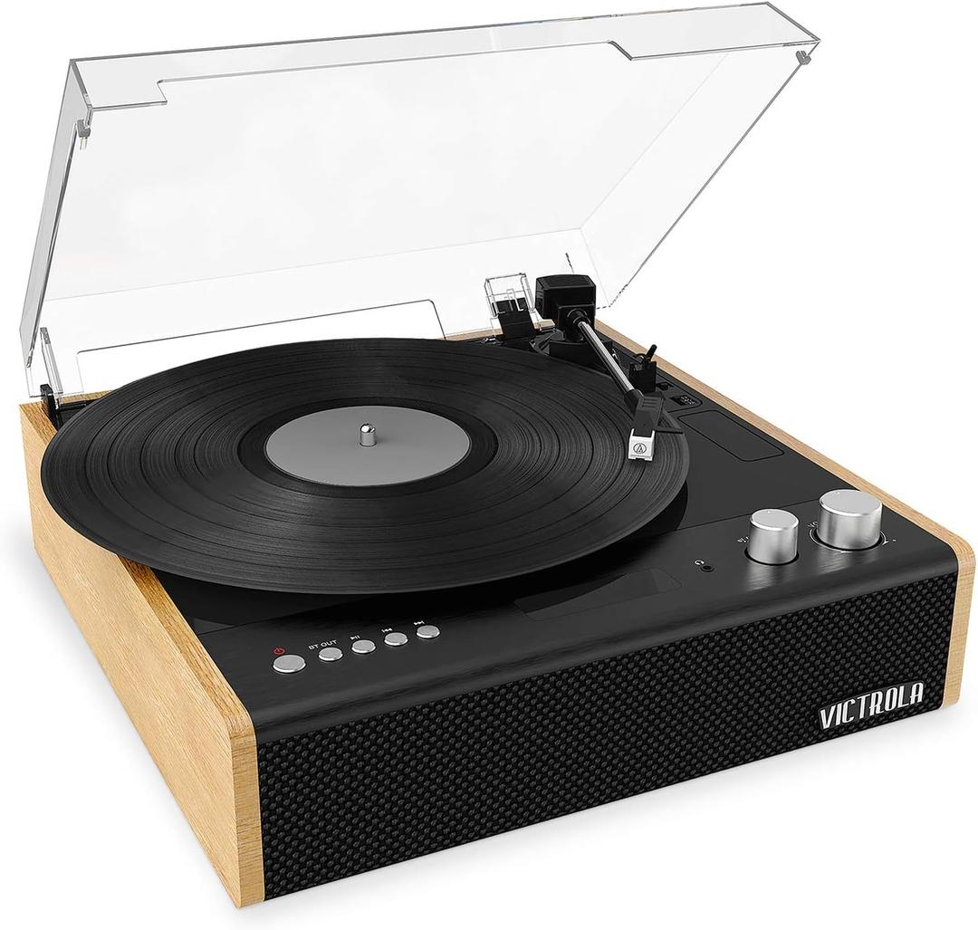 Victrola Eastwood  Bluetooth Record Player  3-Speed Turntable, Premium MM Cartridge, Vinyl Stream for Wireless Streaming, Removable Dust Cover, Built-in Speakers (Bamboo)