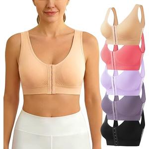 5-Pack Front Closure Bras Set After Mastectomy Breathable Post Surgery Sport Minimizer Bra Push Up Compression Anti Sagging Wireless No Underwire Bralettes for Gril Women Lady - XL