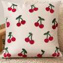 Embroidered Throw Pillow Cover 18x18 Inch - Spring Summer Boho Decorative Pillow Cover with Zipper for Living Room Couch Sofa Bed Aesthetic Design Little Cherry Cushion Pillowcase