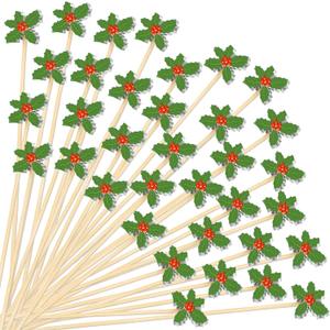 Chengu 400pcs Christmas Cocktail Picks Bulk 4.7 Inch Holly Berry Toothpicks for Appetizers Party Food Decoration Bamboo Cocktail Picks for Fruit Dessert Sandwich Cake Holiday Decoration Party Supplies