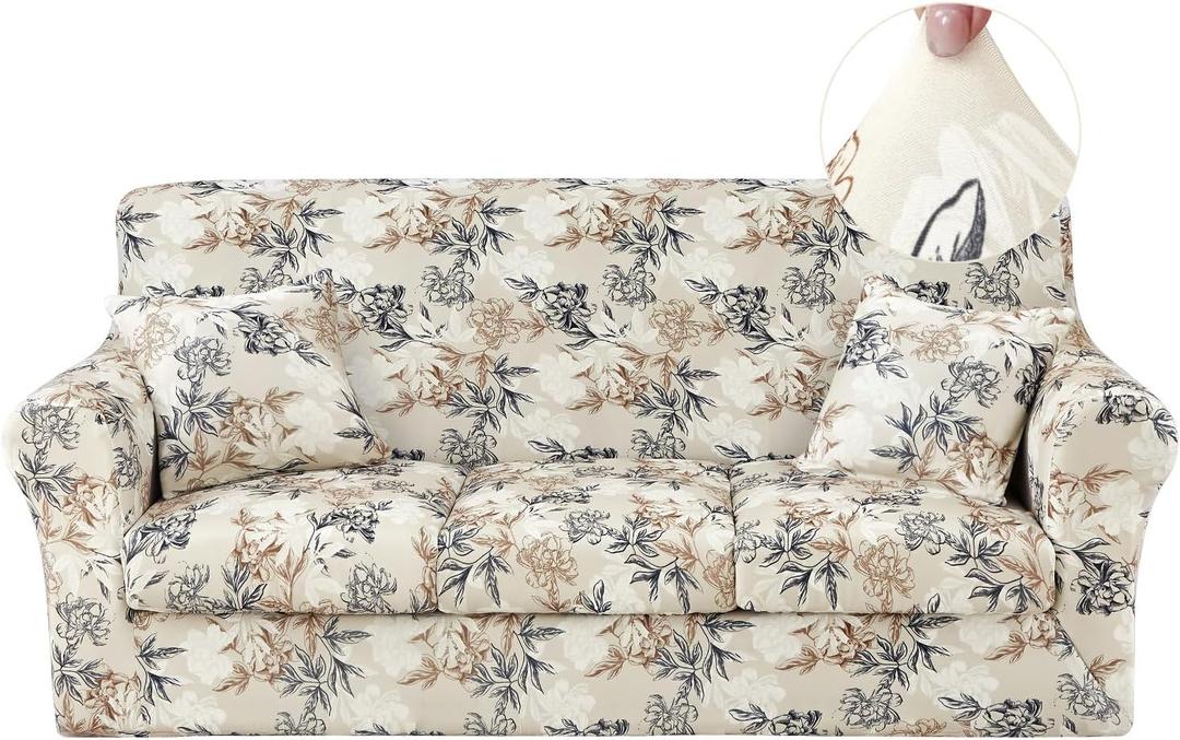 JQinHome 6 Piece Stretch Sofa Cover Couch Cover, 4 Pieces Sofa Slipcover with 3 Separate Cushion Cover, Washable Furniture Protector for Living Room(Sofa, Shadow) (S007 Flowers Shadow)