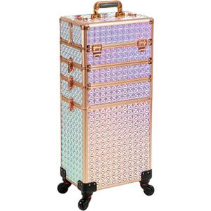 AROUS 5 in 1 Professional Makeup Train Case Aluminum Cosmetic Case Rolling Makeup Case Extra Large Trolley Makeup Travel Organizer, with 360 Swivel Wheels, Colorful