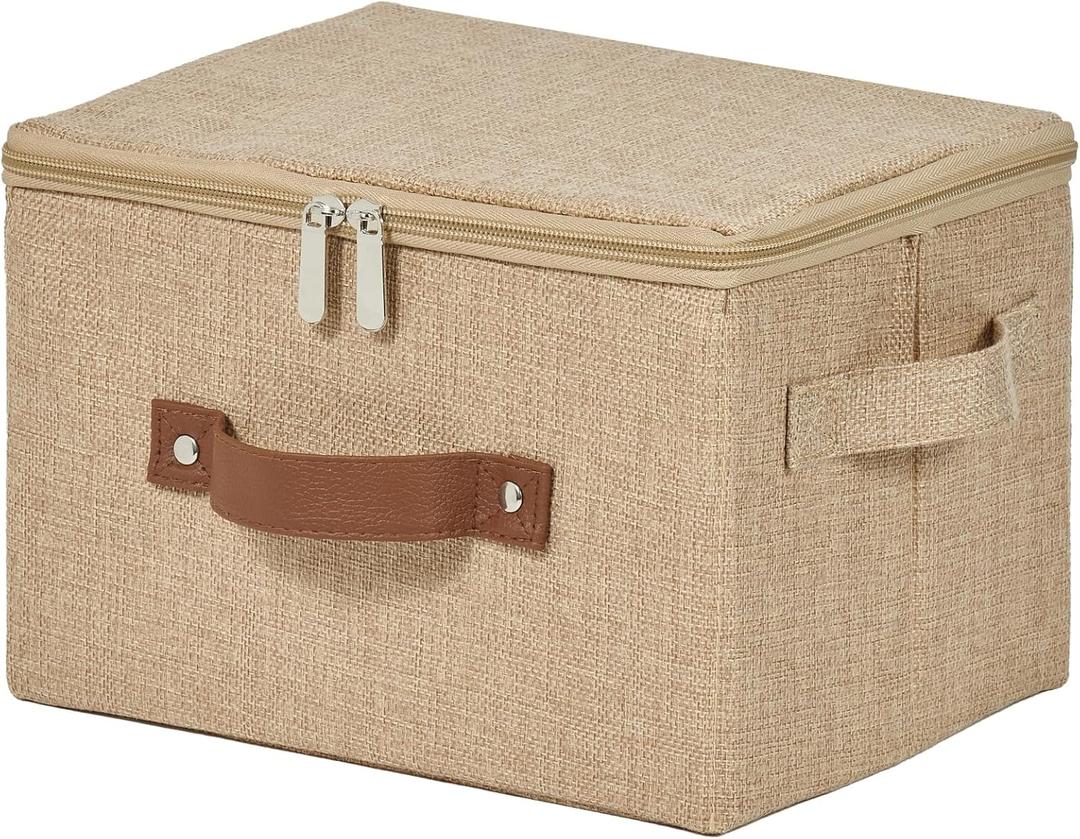 Storage Bins with Zipper Lid Cotton Linen Fabric Lidded Storage Baskets Boxes Foldable Washable Closet Shelf Clothes Organizer Container with PU Leather Handles (Linen, Small)