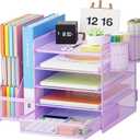 Marbrasse Desk Organizer with File Holder, 5-Tier Paper Letter Tray Organizer with Drawer and 2 Pen Holder, Mesh Desktop Organizer and Storage with Magazine Holder for Office Supplies(Purple)