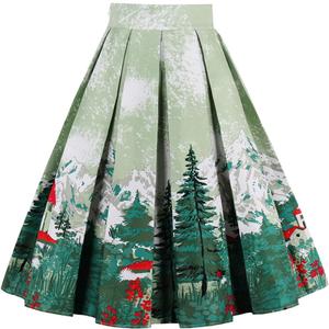 Dressever Women's Vintage A-line Printed Pleated Flared Midi Skirts (Green)