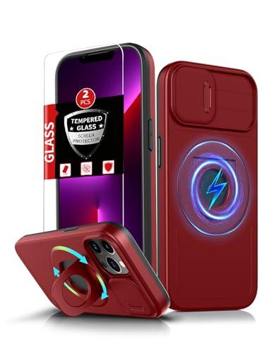 FRLMOOES for iPhone 13 Pro Max Case Magnetic Compatible with MagSafe Wireless Charging,with 2 Screen Protectors,Built-in Kickstand Ring+Camera Cover Anti-Scratch Shockproof Heavy Duty Protection Red