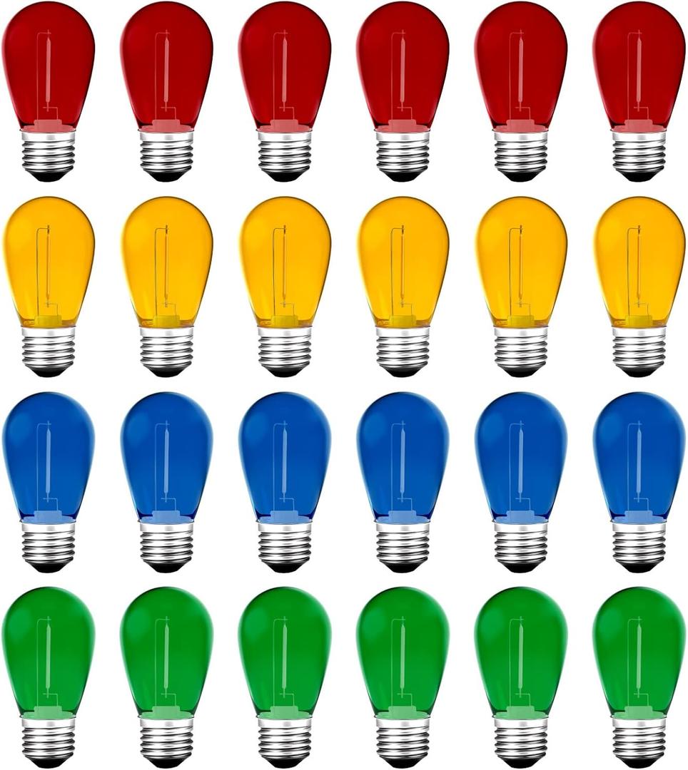 Meconard 24Pack S14 Colored LED String Light Bulbs,1Watt Plastic Shatterproof Waterproof Outdoor Indoor Replacement Bulbs for Home Decor, E26 Medium Base, Multi-Color: Red/Green/Blue/Orange