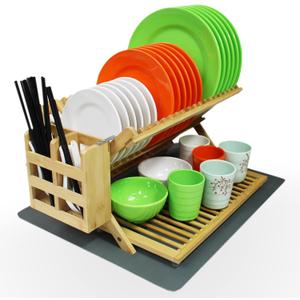 Bamboo Dish Drying Rack with Utensil Holder, 3 Tier Collapsible Dish Rack, Large Dish Racks for Kitchen Counter, Wooden Folding Dish Drainer with Dish Drying Mat (3 Tier (with Drying Mat))