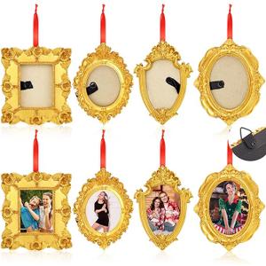 8 Pcs Mini Picture Frame Ornament for Christmas Tree Gold Vintage Photo Frames Antique Resin Oval Rectangle Tiny Ornamental with Hook and Ribbon for Xmas Tree Wall Decor (Rustic Style)