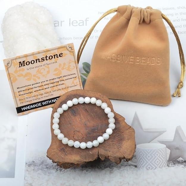 Massive Beads Moonstone - Success - Handmade Handmade Yoga Stretch Elastic Bracelet Natural Stone Crystal Healing Power Energy Gifts for Unisex Adult 6mm