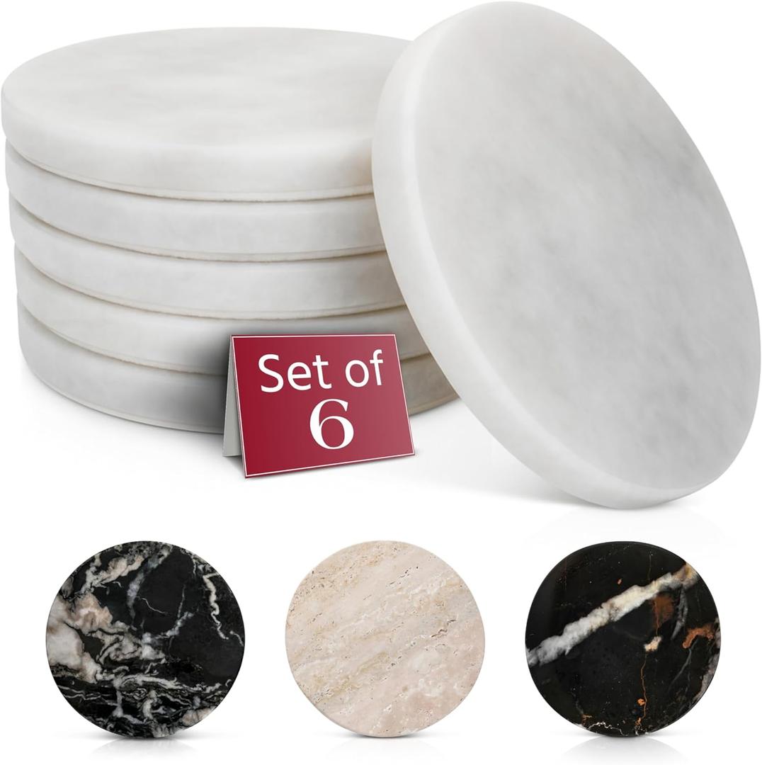 Gusto Nostro White Marble Coasters Set of 6 with Non-Slip Backing - Luxury Natural Stone Coasters for Drinks - Genuine Marble Kitchen Accessories, Round Stone Coaster for Kitchen Counter, Coffee Table