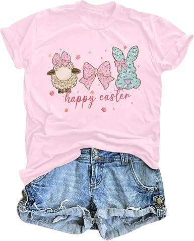 Easter Shirts for Women Happy Easter Tshirt Cute Bunny Rabbit Bow Graphic Tee Casual Short Sleeve Easter Gift Tops, XL, Pink